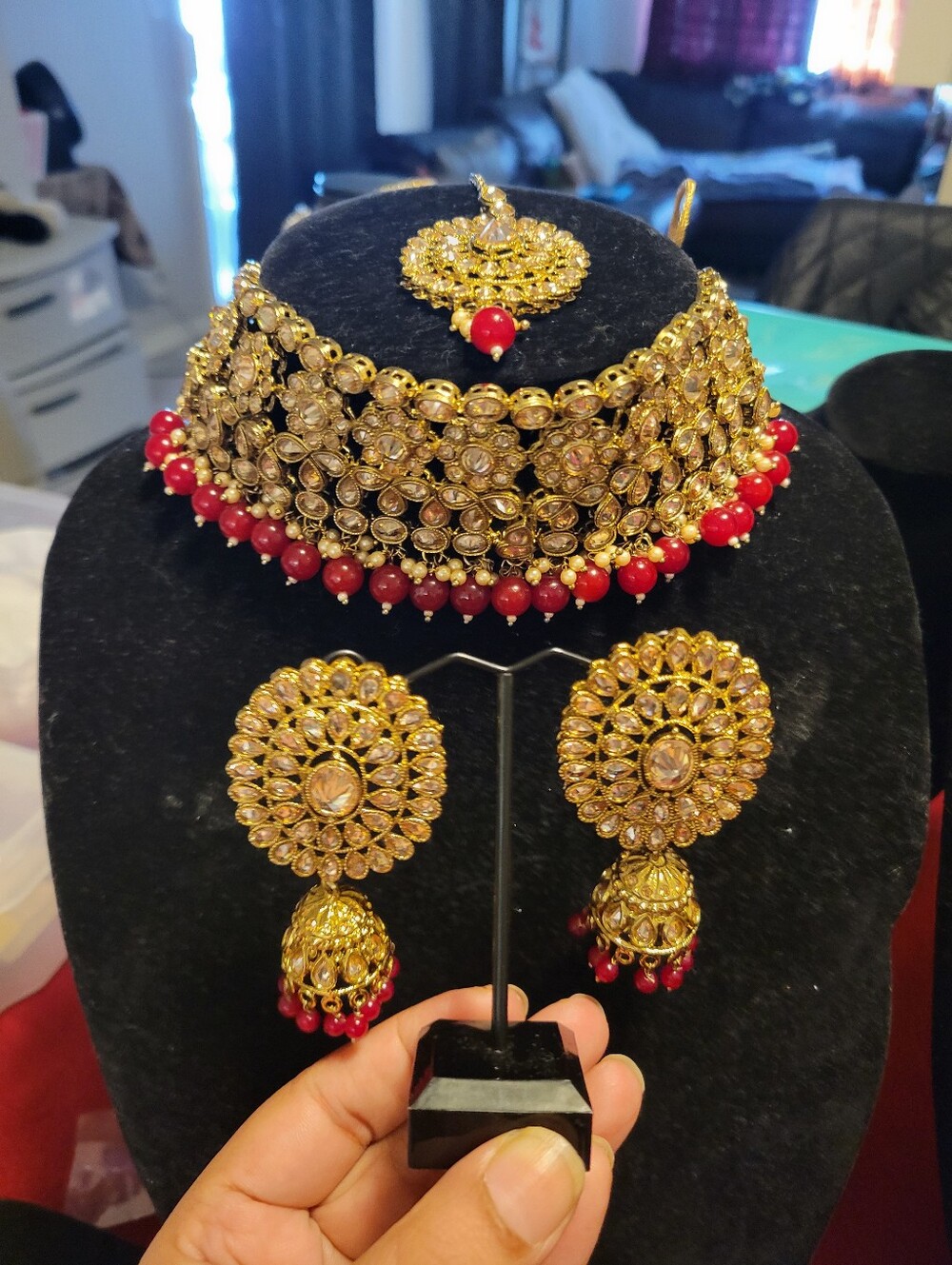 Gold and Red Kundan Choker Necklace Set with Earrings